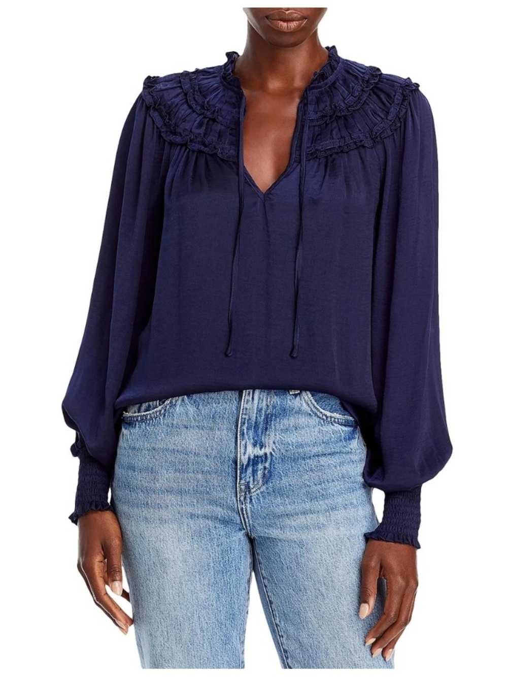 AQUA Ruffled Yoke Tie Neck Blouse